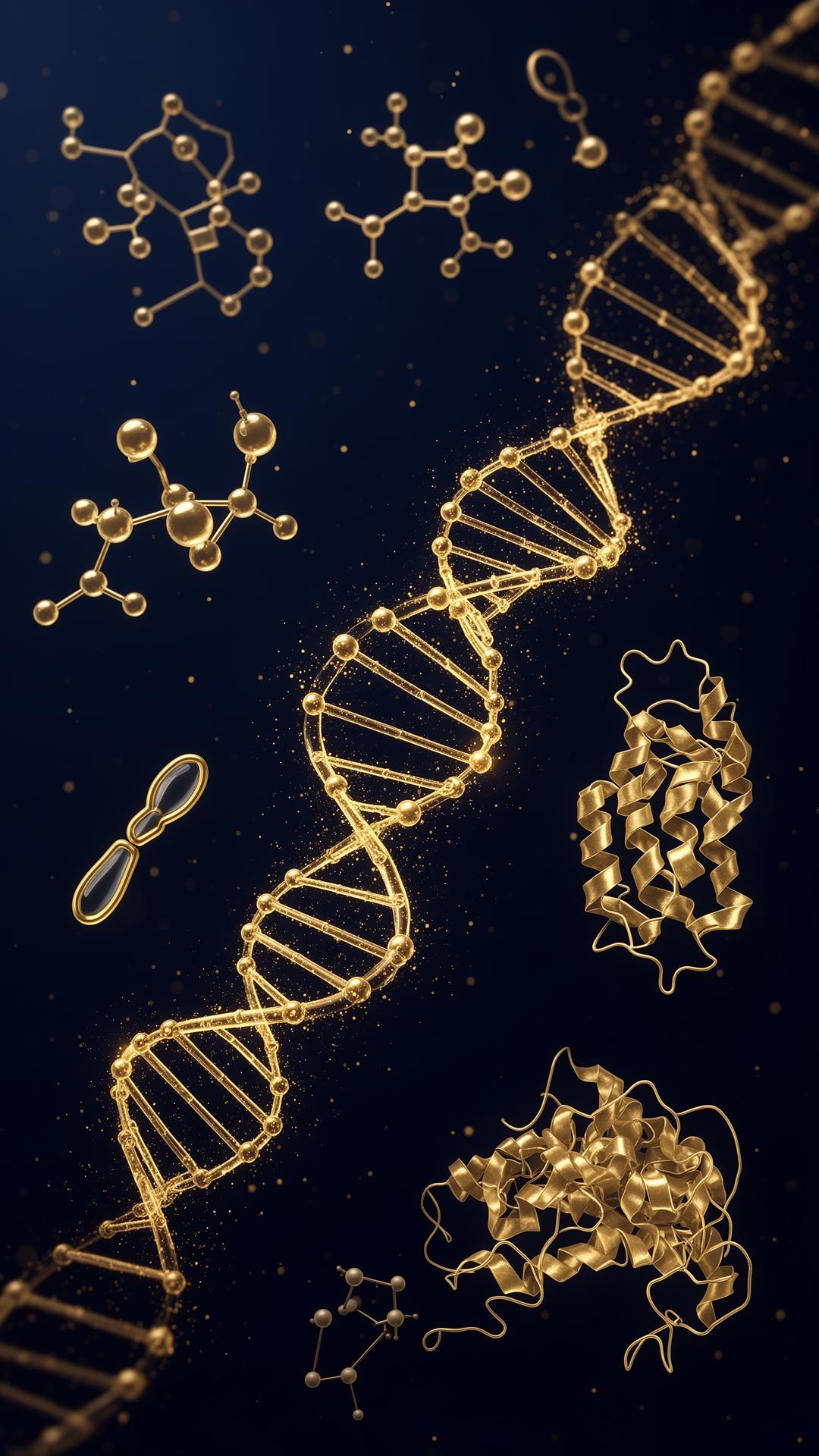 Gold molecular structures, DNA helix and protein folds on deep navy